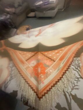 Salvatore Ferragamo Orange, Cream and Olive Floral Fringe design Silk Scarf Wrap